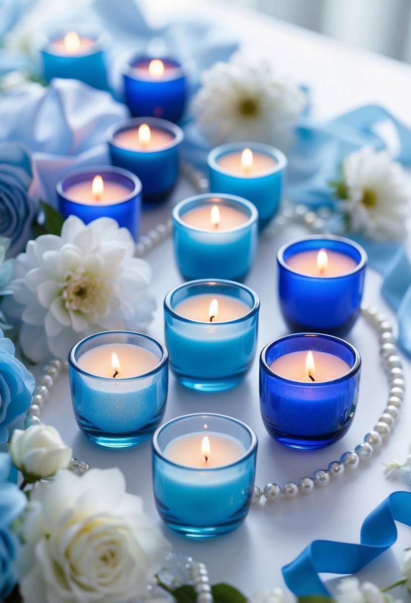 Blue glass votive candle holders with lit candles surrounded by bridal shower decorations including flowers and ribbons.