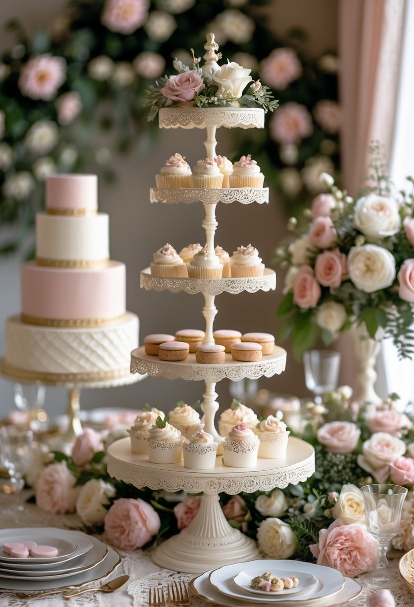 A table with tiered cake stands holding various desserts, surrounded by flowers and elegant tableware.