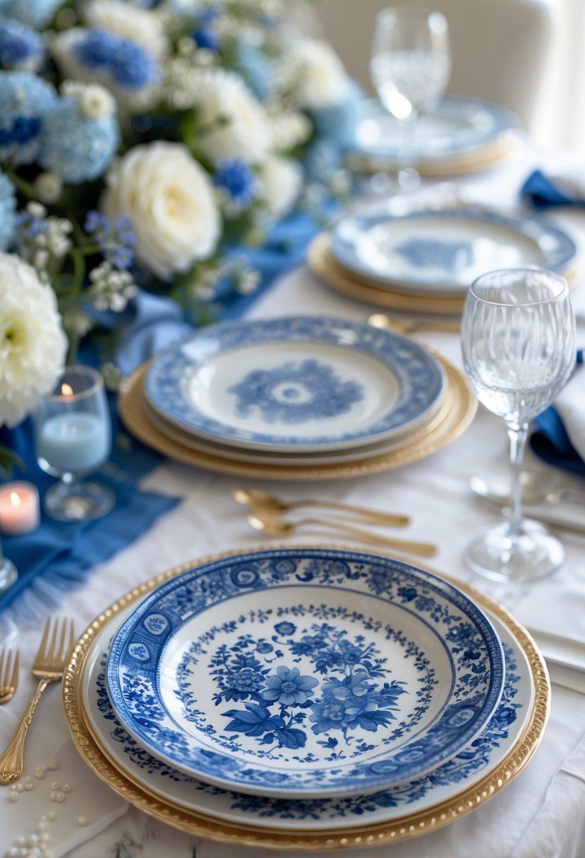 A table set with blue and white porcelain plates and bridal shower decorations including flowers and candles.