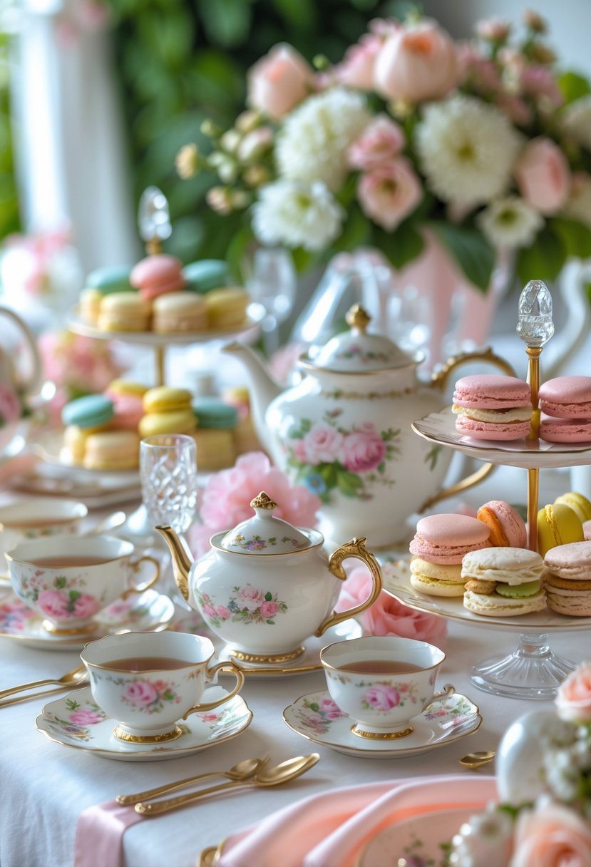 A table set for a bridal shower tea party with fine china, flowers, and assorted pastries.