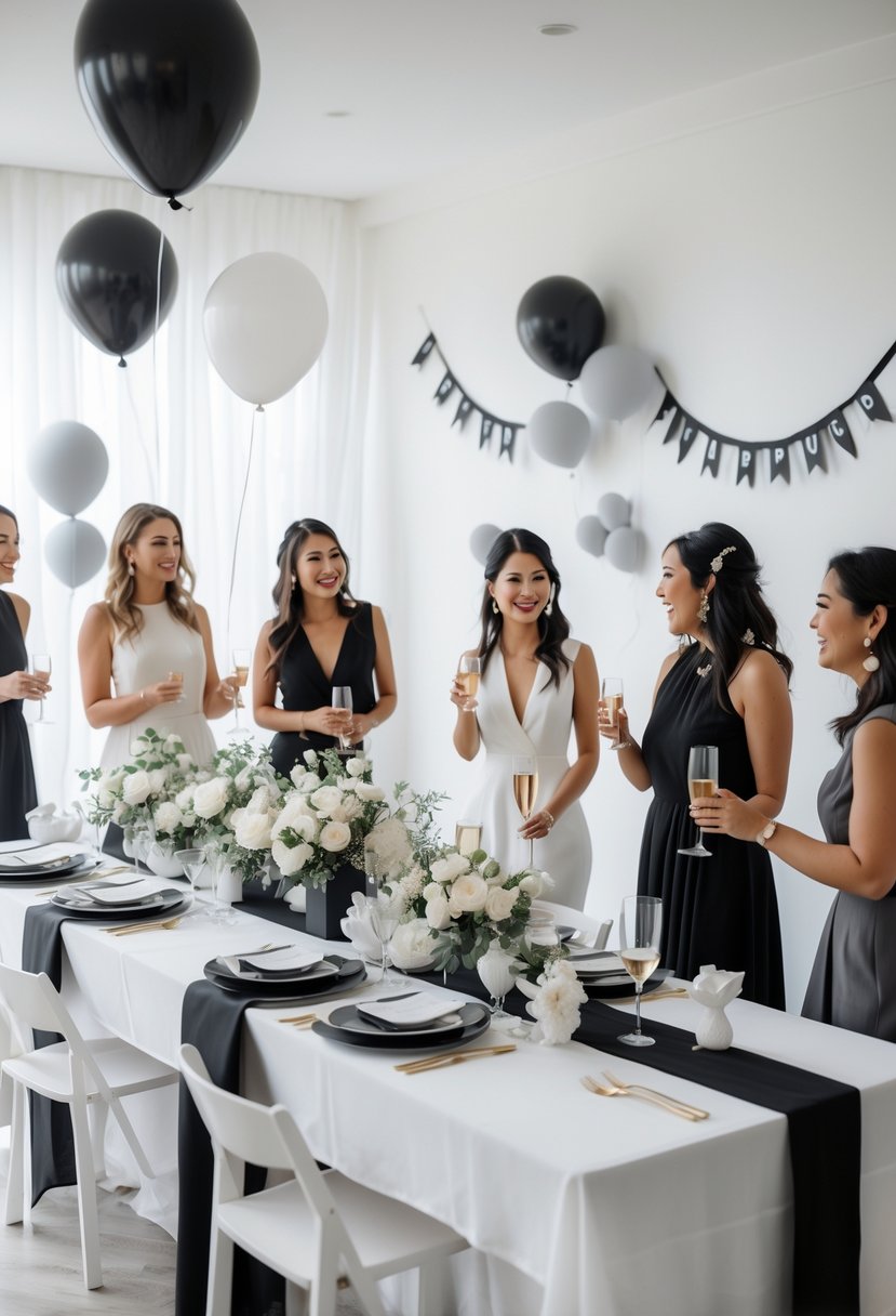 A group of women celebrating a bridal shower around a decorated table with flowers and drinks.