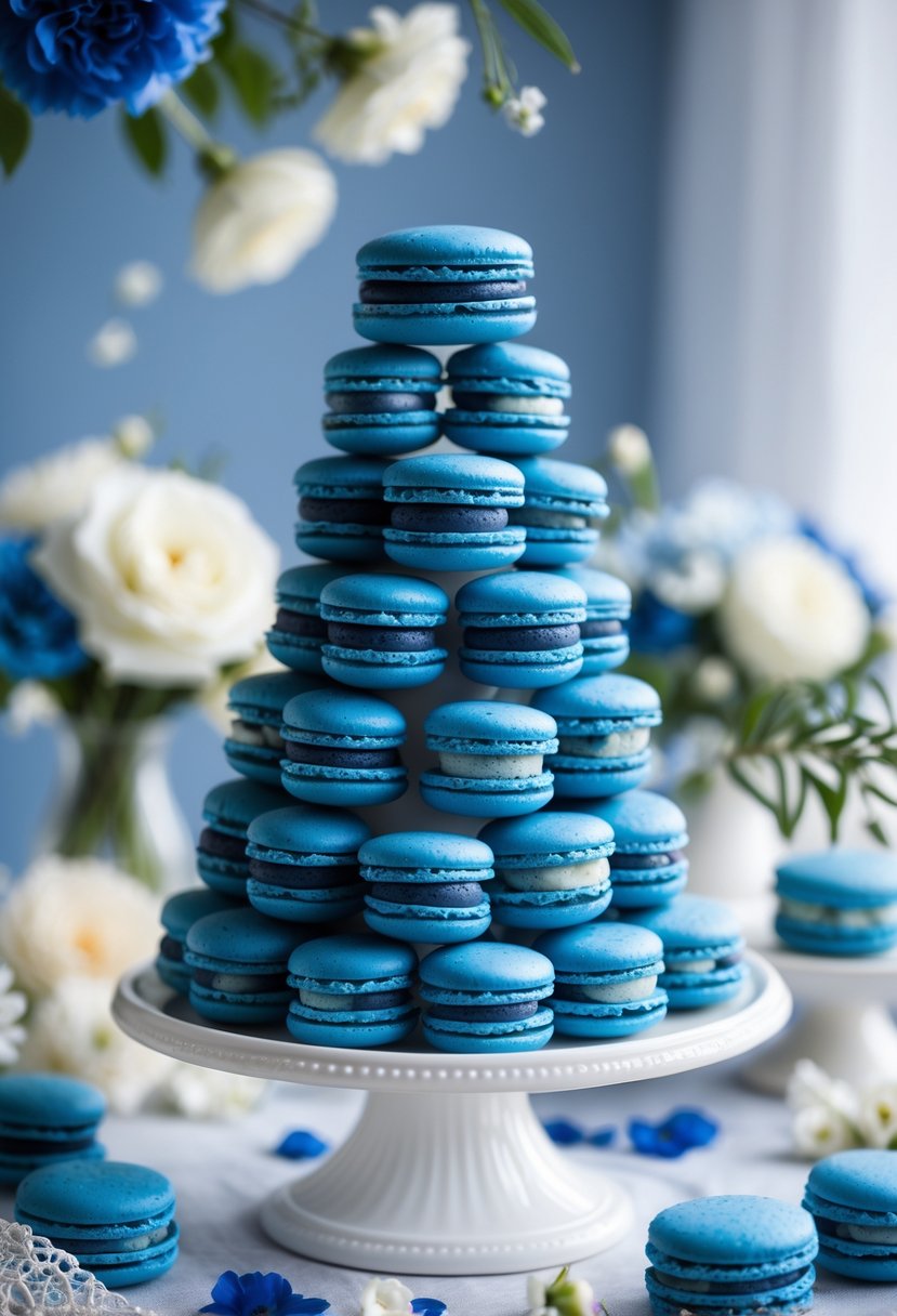 A tower of 18 indigo blue macarons arranged on a tiered stand with bridal shower decorations in the background.