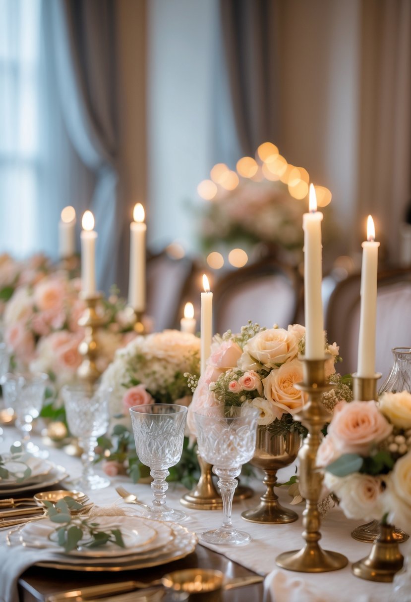 A softly lit table with gold and brass candle holders, floral arrangements, and elegant tableware set for a bridal shower.