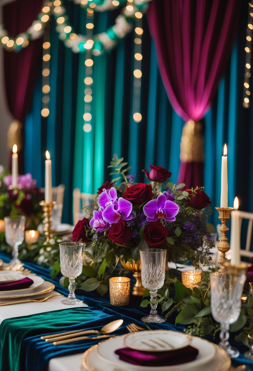 A beautifully decorated bridal shower table with velvet fabrics, jewel-toned flowers, crystal glassware, and elegant candles in a warmly lit room.