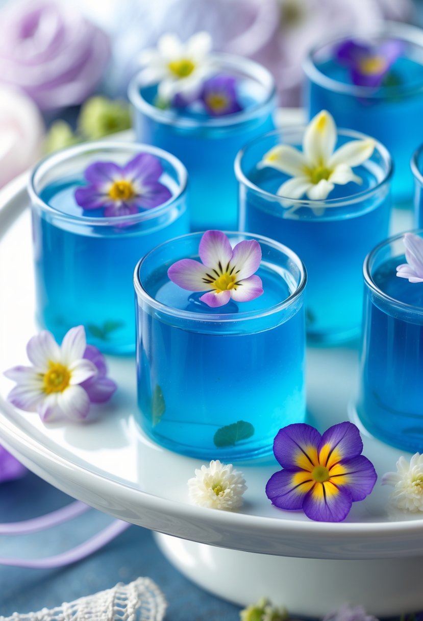 Close-up of blue jello shots topped with edible flowers arranged on a white platter with soft bridal shower decorations in the background.