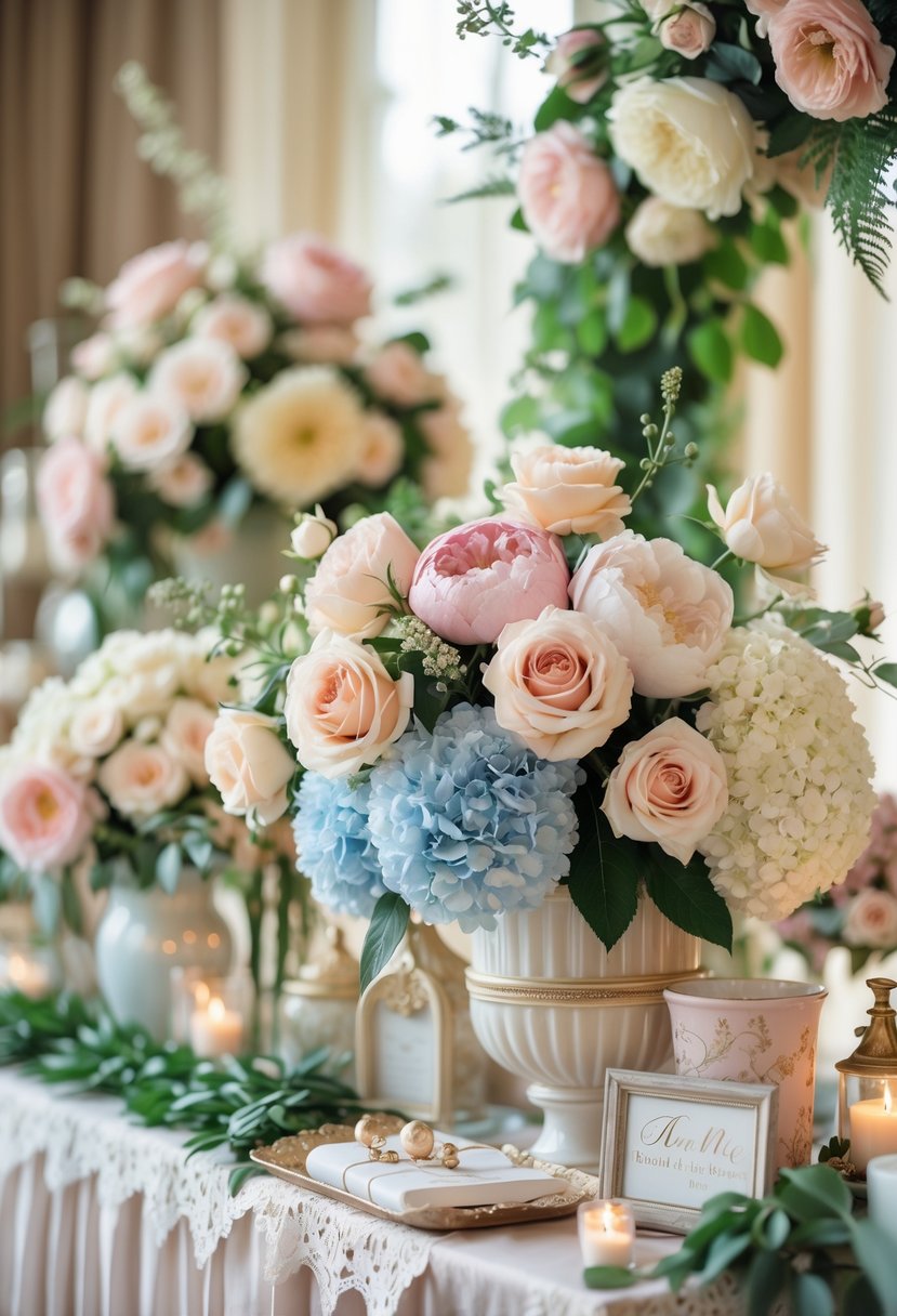 A beautifully arranged flower bar with roses, peonies, and hydrangeas in pastel colors on a decorated table for a bridal shower.