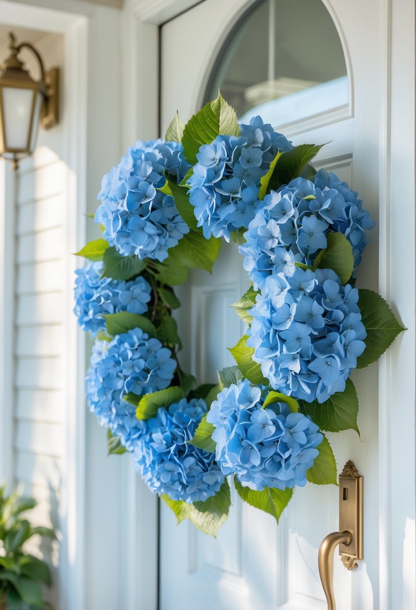Blue hydrangea wreath hanging on a white front door at a home entrance.
