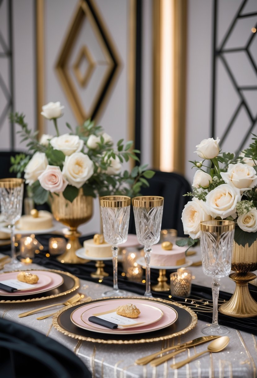 A beautifully decorated bridal shower table with flowers, desserts, and elegant tableware in a stylish party setting.