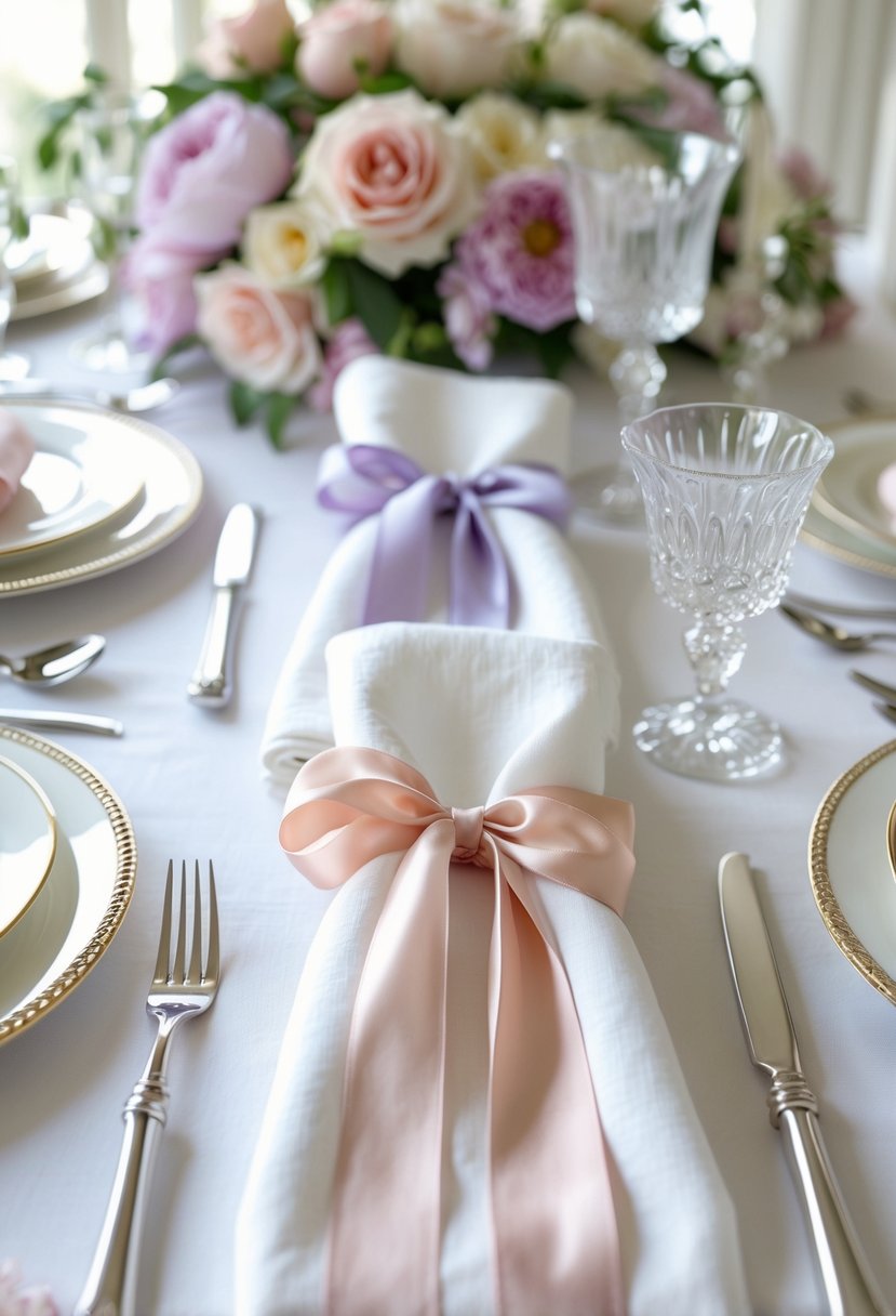 A table setting with silk ribbons tied around napkins and cutlery, surrounded by floral arrangements and elegant tableware.