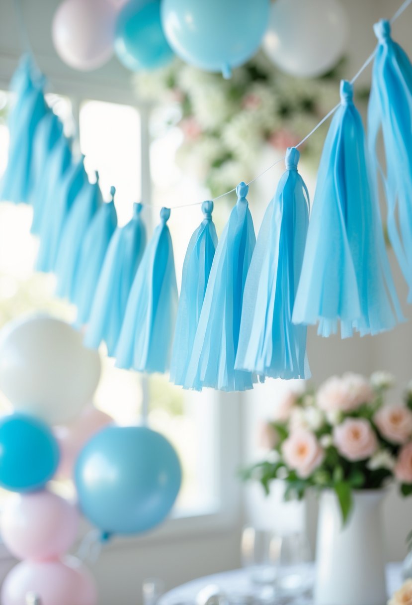 Blue tassel garland hanging indoors with balloons and floral decorations for a bridal shower.