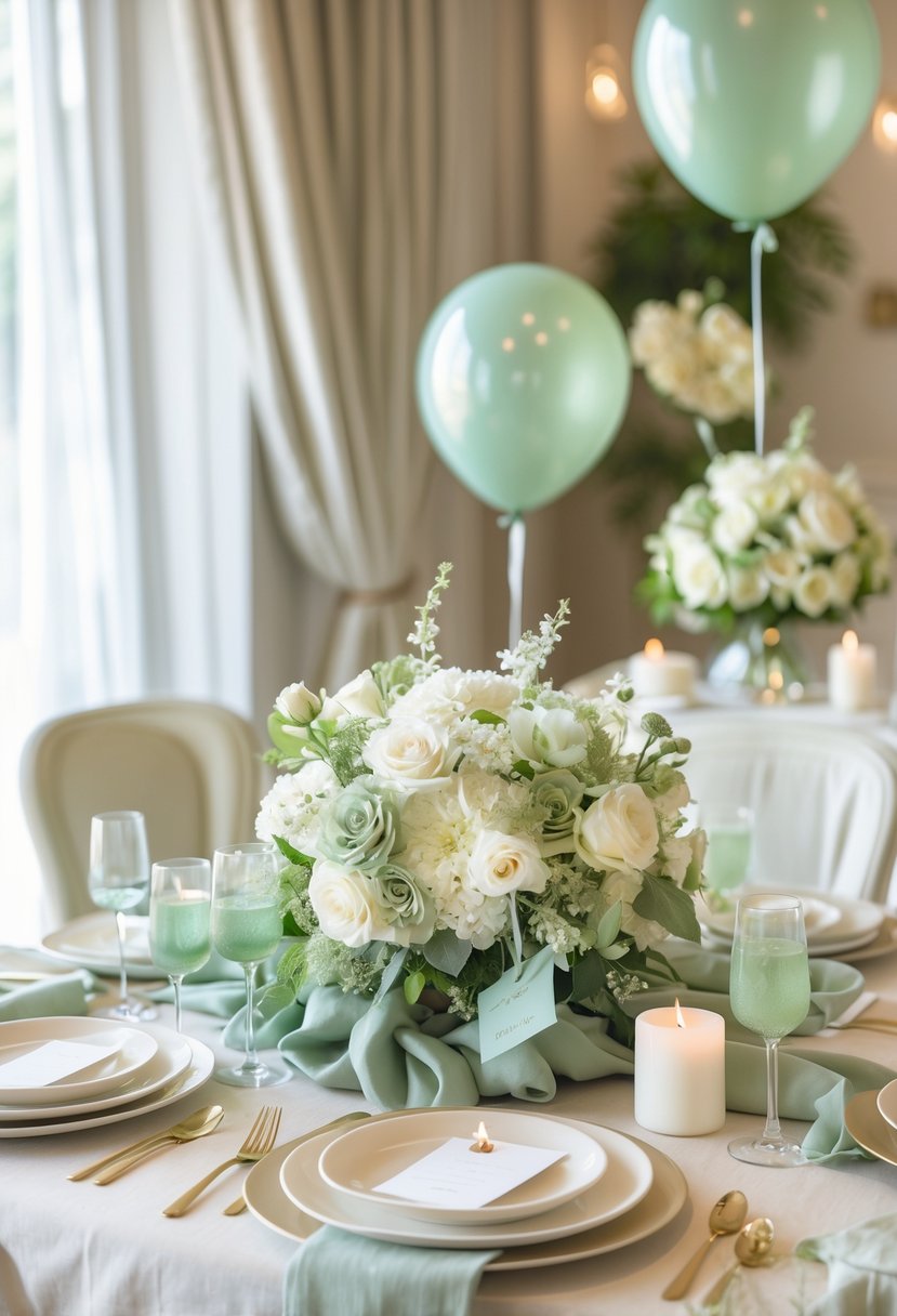 A bridal shower table decorated with white and pale green flowers, sage green napkins, ivory plates, and soft lighting in a cozy indoor setting.