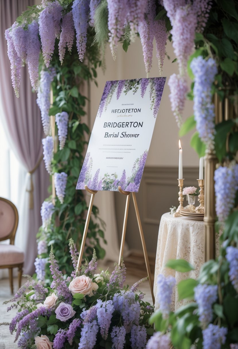 A bridal shower setup with wisteria flowers, greenery, and elegant vintage decorations arranged around a decorative signage stand.