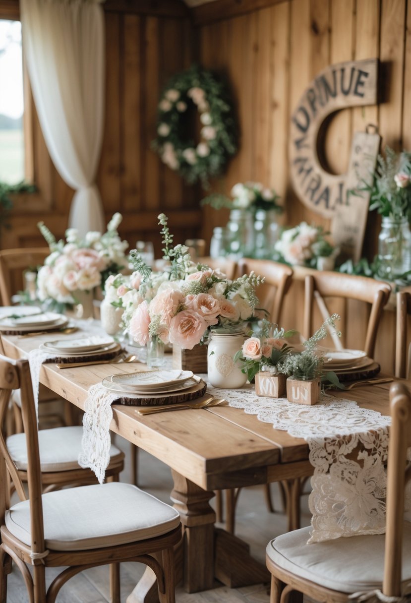 A bridal shower setup with a wooden table decorated with flowers, lace runners, and vintage tableware, surrounded by wooden chairs in a cozy indoor setting.