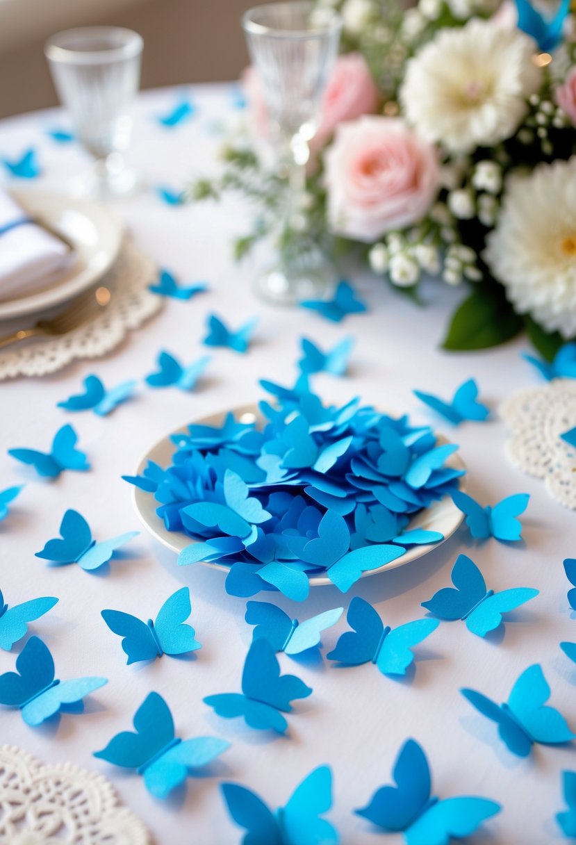 Blue butterfly-shaped confetti scattered on a bridal shower table with soft floral decorations.