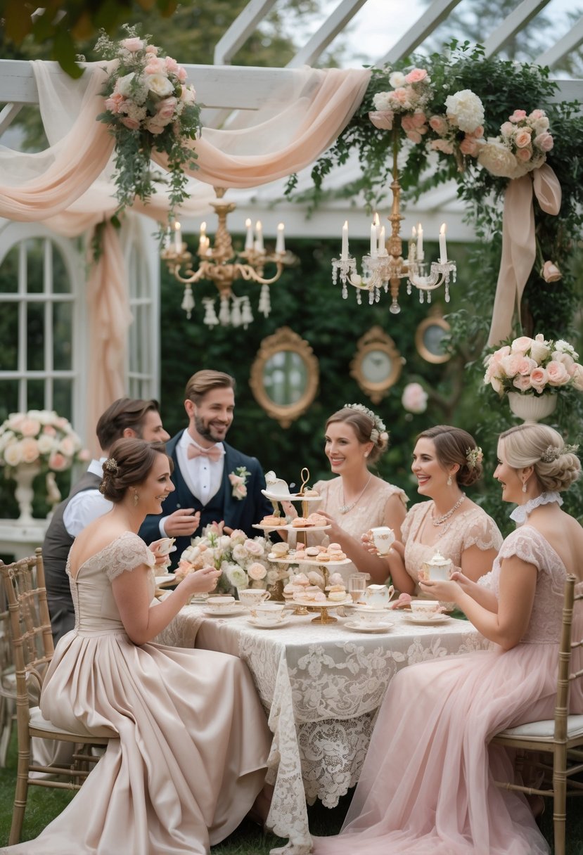 Guests dressed in period costumes enjoy a bridal shower with elegant floral decorations and vintage table settings.