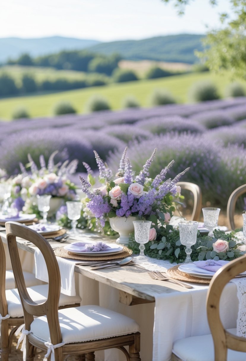 An outdoor bridal shower setup in a lavender field with a decorated table, floral centerpieces, and rustic chairs surrounded by blooming lavender plants under a clear sky.