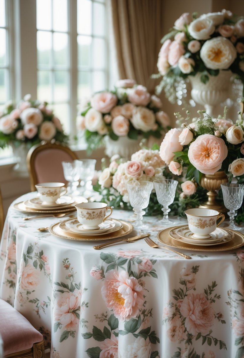 A beautifully decorated bridal shower table with floral patterned tablecloths, elegant teacups, crystal glassware, and lush flower arrangements in soft pastel colors.