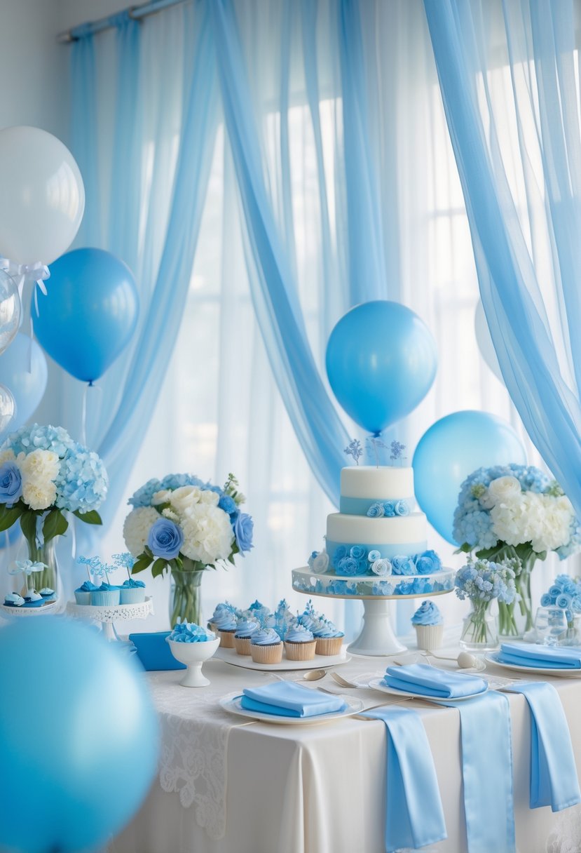 A bridal shower setup with light blue sheer drapes, blue floral decorations, balloons, and a dessert table with blue-accented treats.