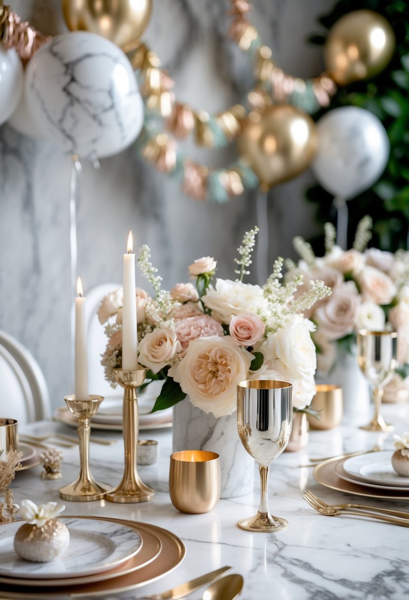 A bridal shower table decorated with white marble surfaces, metallic candle holders, pastel flowers, and festive balloons in the background.