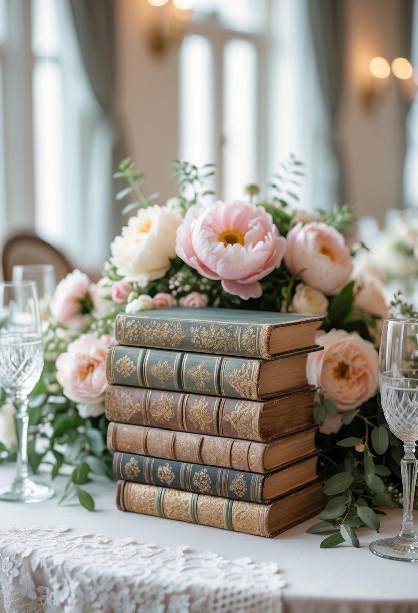A stack of vintage books used as a centerpiece on a table decorated with pastel flowers and greenery.