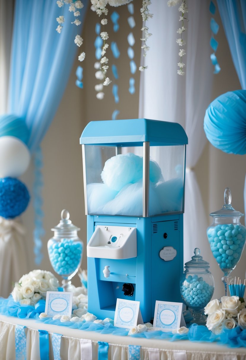 A bridal shower setup with a blue cotton candy station surrounded by blue and white decorations and floral arrangements.