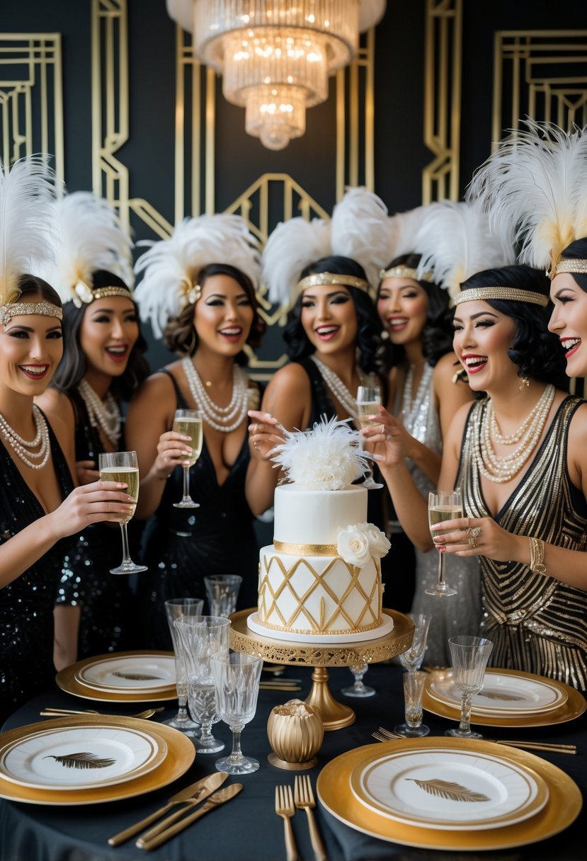 A group of women celebrating at a beautifully decorated bridal shower with a table set with elegant dishes, flowers, and champagne glasses.