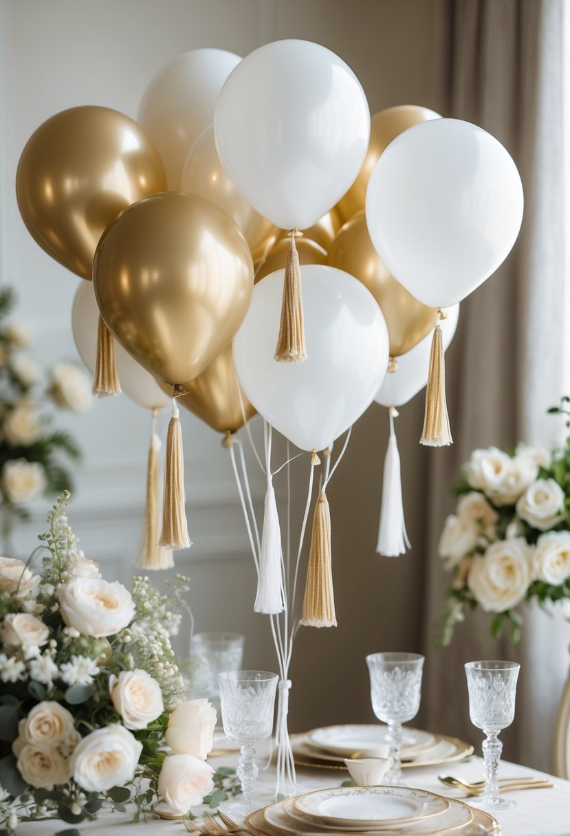 Cluster of gold and white helium balloons with tassels at a bridal shower decorated with flowers and elegant table settings.