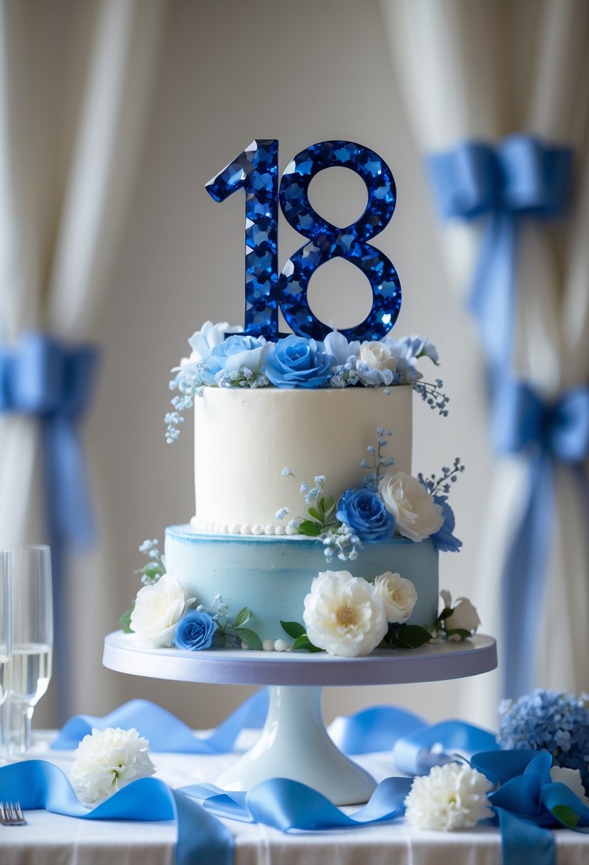 A blue sapphire number 18 cake topper on a decorated bridal shower cake surrounded by blue and white floral decorations.