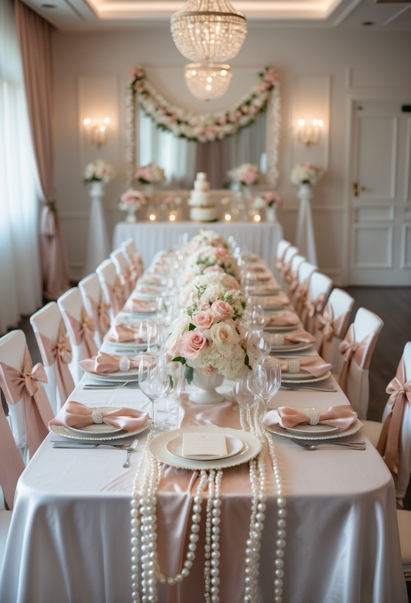 A bridal shower setup with a table decorated in white satin cloth, pearl garlands, pastel flowers, and elegant tableware in a softly lit room.