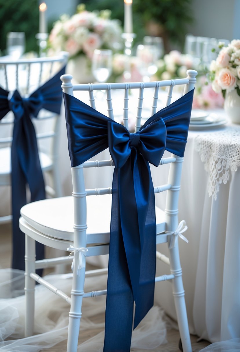 White chairs decorated with navy blue ribbon sashes tied in bows at a bridal shower with floral decorations in the background.