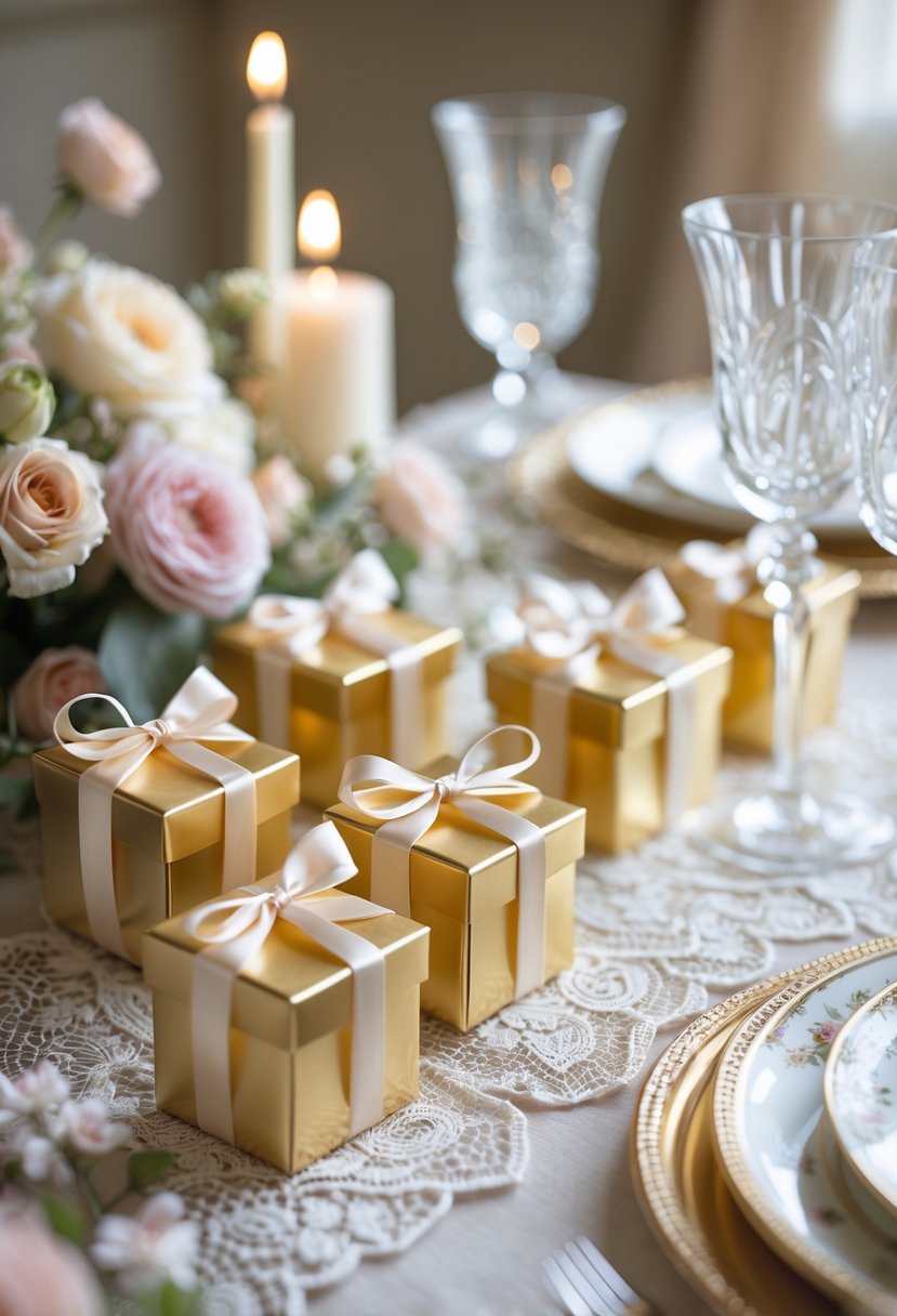 Small gold gift boxes arranged as party favors on a decorated bridal shower table with flowers and candles.