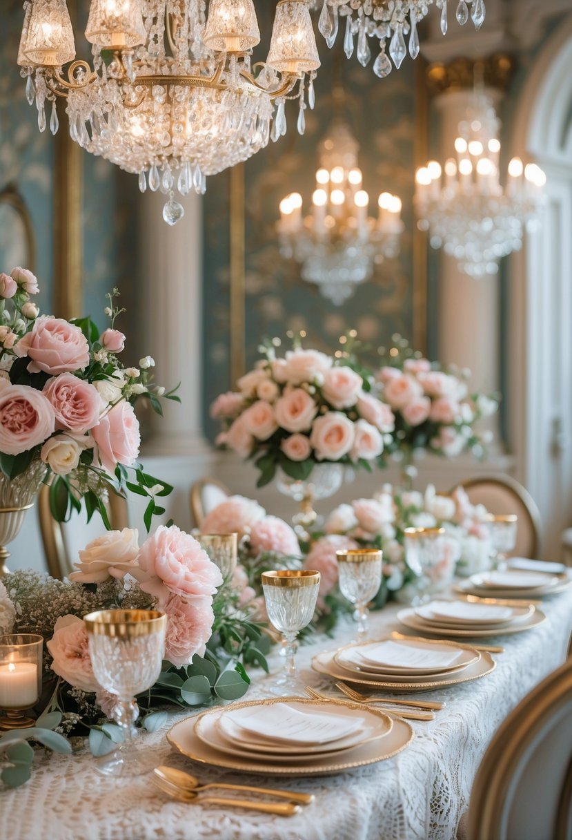 An elegant bridal shower setup with sparkling chandeliers, floral arrangements, and a beautifully set table in a refined room.
