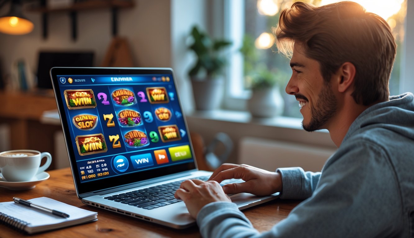 Seorang pemula bermain permainan slot online di laptop di rumah dengan ekspresi fokus dan senang.