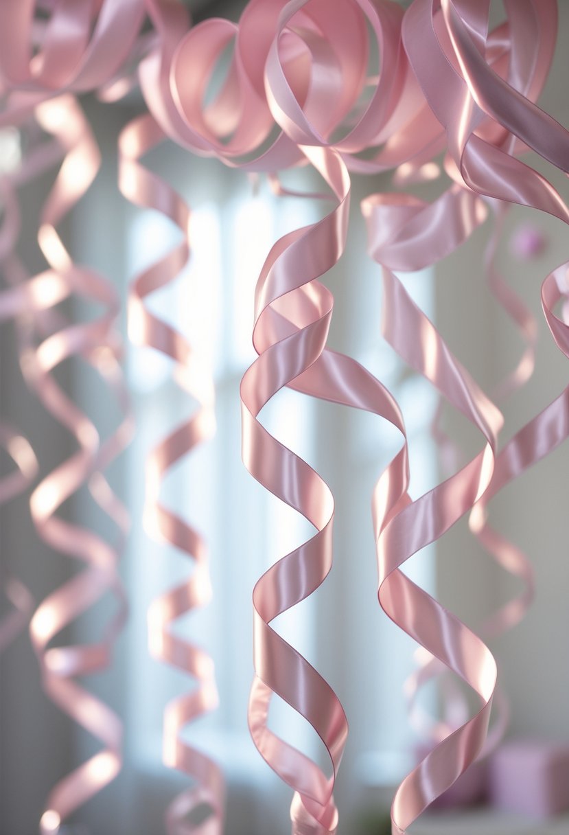 Pink satin ribbon streamers hanging and swirling in a softly lit setting for a bridal shower celebration.