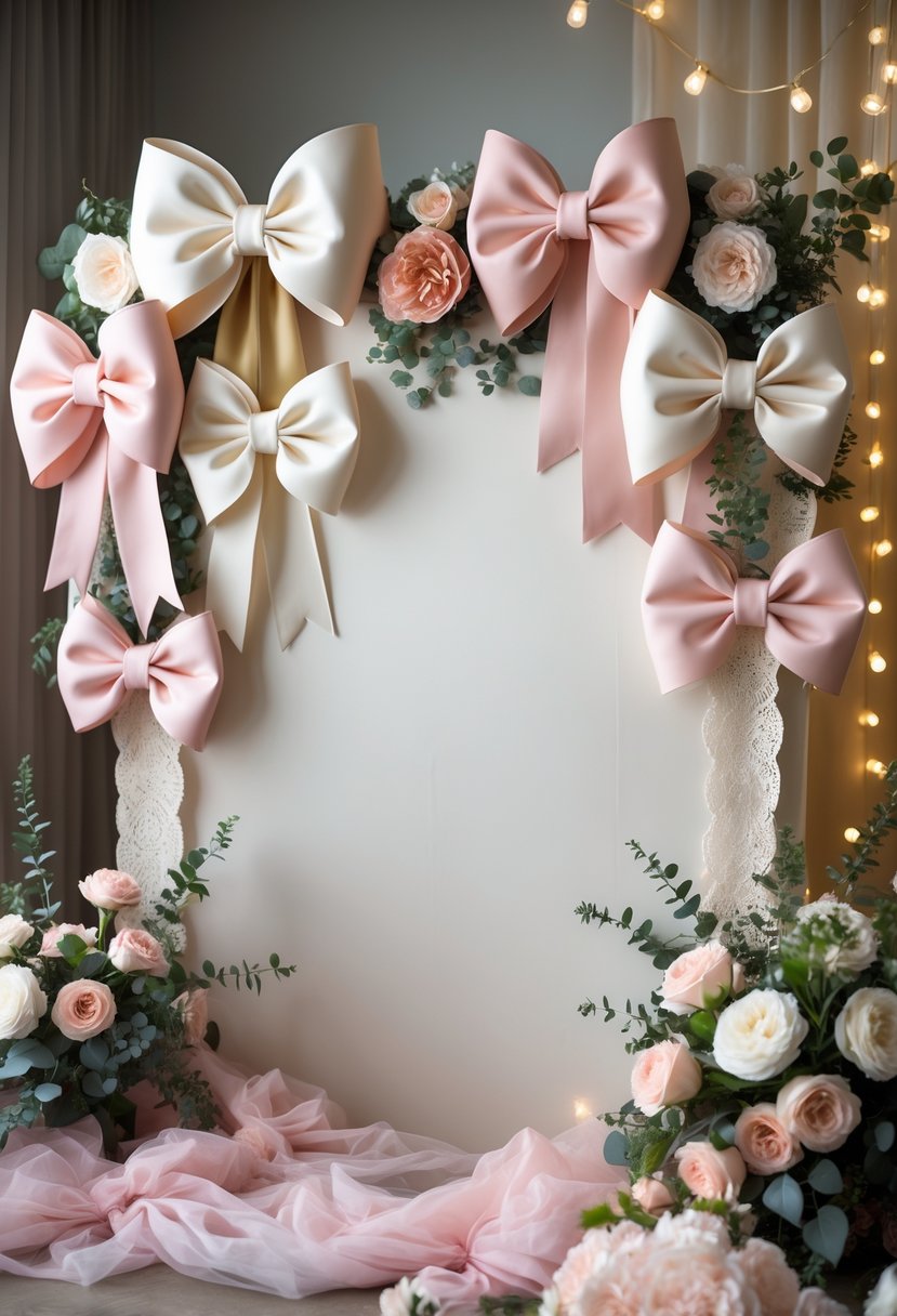 A bridal shower photo booth backdrop decorated with large pastel-colored fabric bows and floral arrangements.