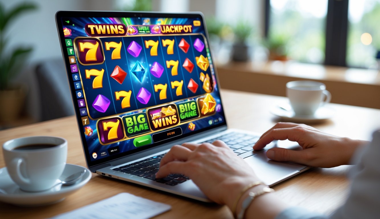Seseorang bermain permainan slot online di komputer dengan tampilan layar penuh warna dan simbol berputar di ruangan yang nyaman.