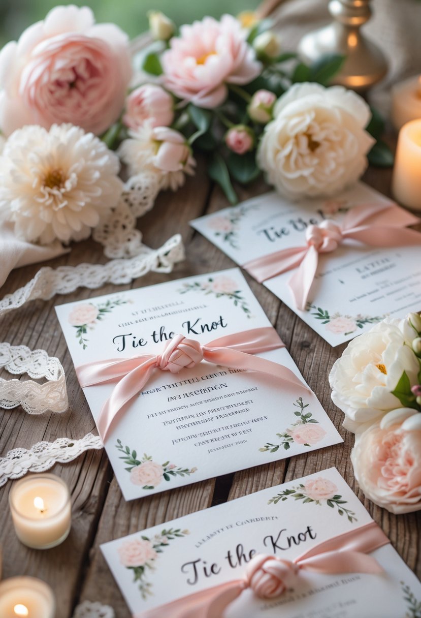 A bridal shower setup with invitation cards, floral bouquets, ribbons tied in knots, and candles arranged on a wooden table.