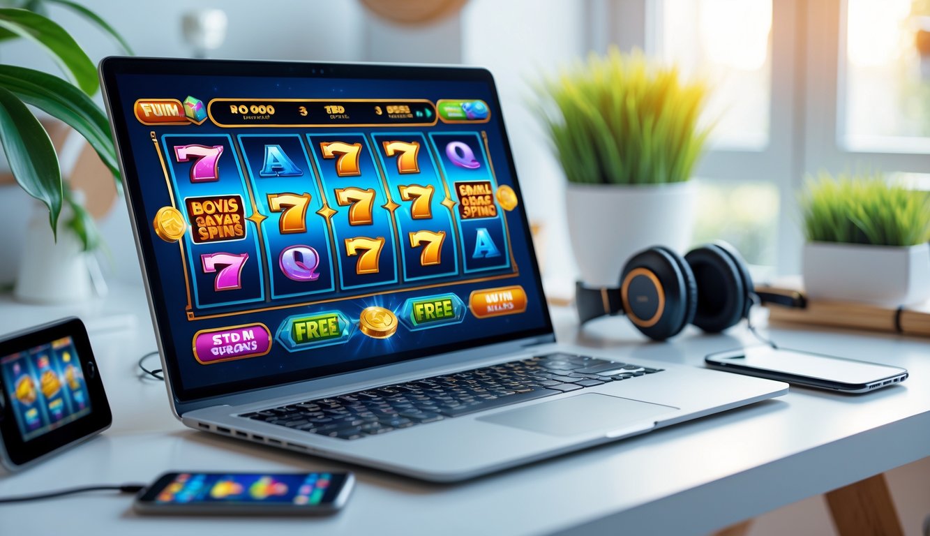 Antarmuka permainan slot online yang menarik ditampilkan di layar laptop di meja kerja yang rapi dengan tanaman dan aksesori gaming di sekitarnya.