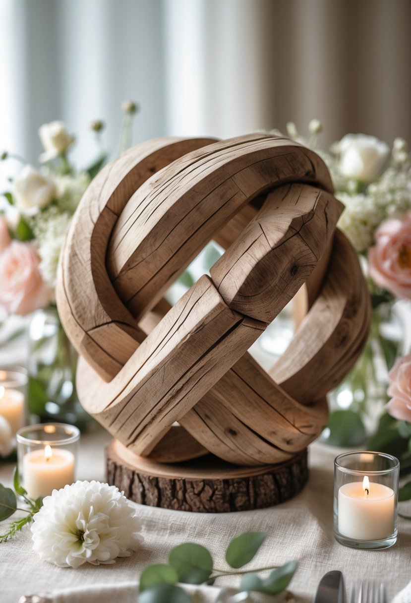 A rustic wooden knot centerpiece on a table decorated with flowers and candles for a bridal shower.