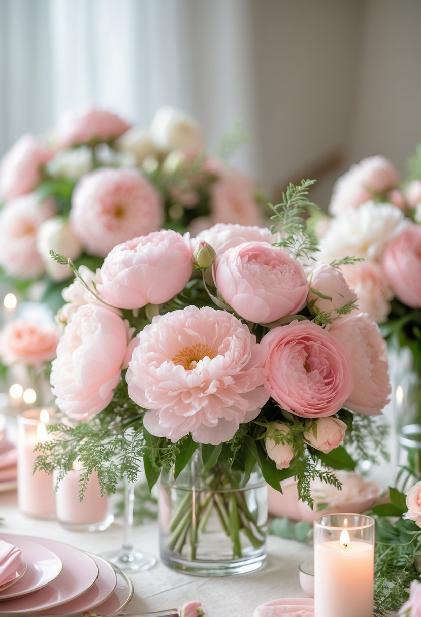 A table with blush pink roses and peonies arranged in glass vases as floral centerpieces for a bridal shower.
