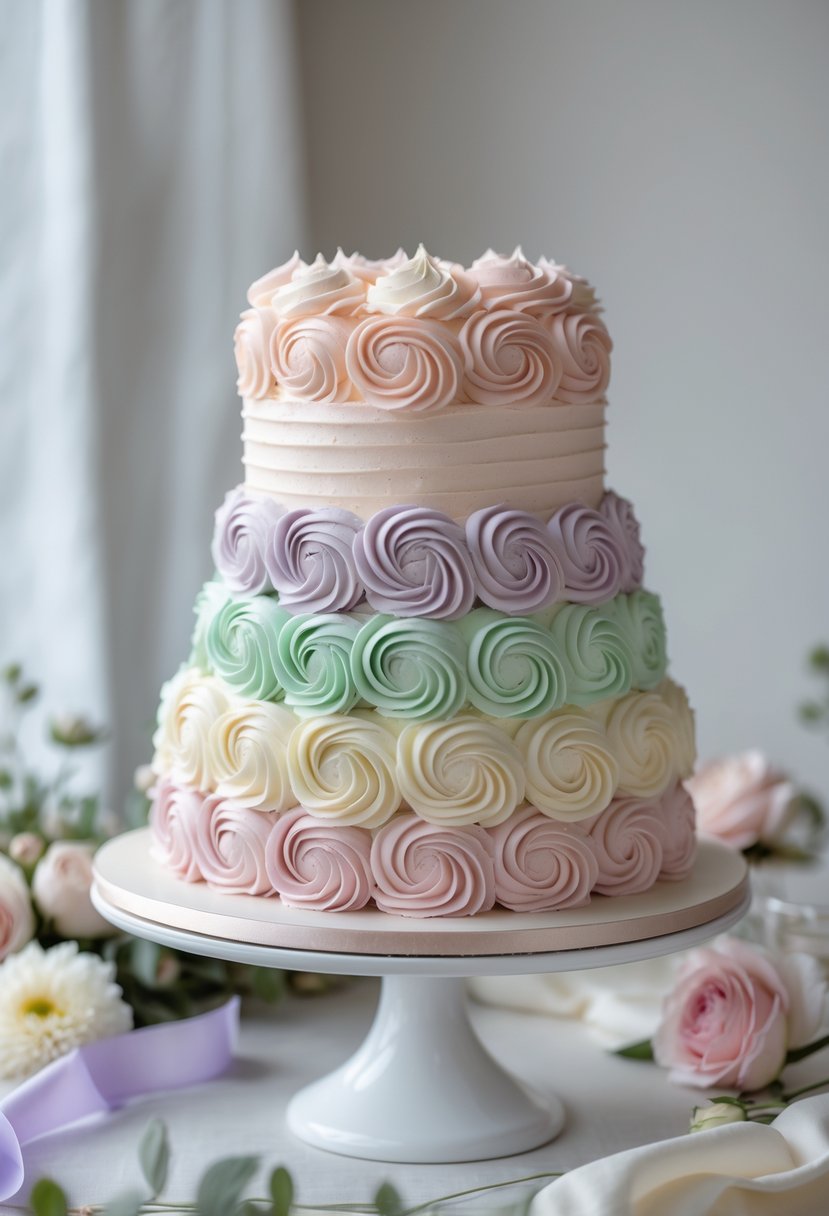 A multi-tiered buttercream cake decorated with soft pastel rosettes on a white cake stand, surrounded by delicate flowers and bridal shower decorations.