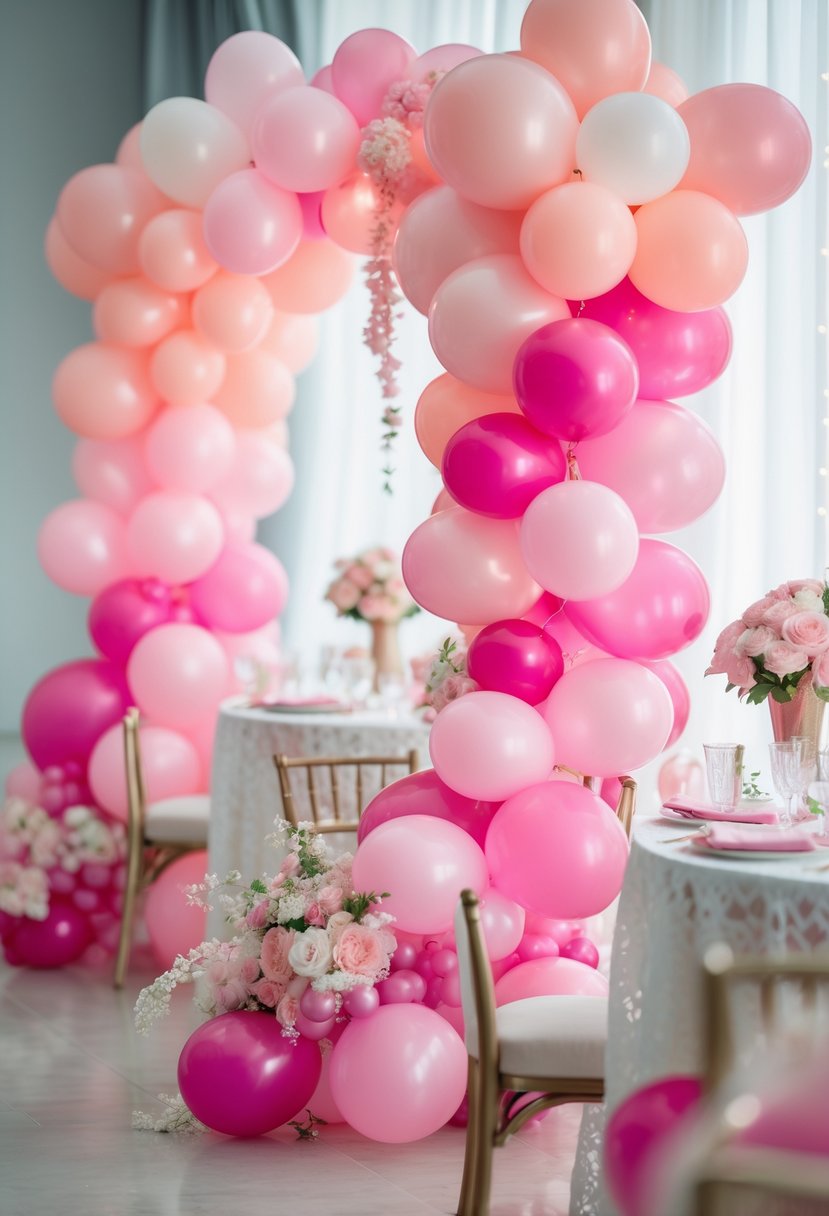A bridal shower decorated with pink ombre balloon garlands and floral accents.