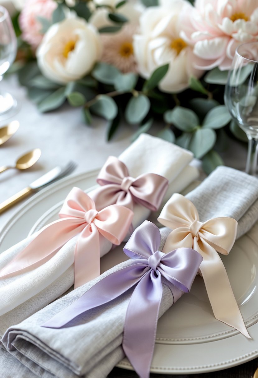 Close-up of personalized ribbon napkin rings tied around white napkins on a decorated table with flowers.
