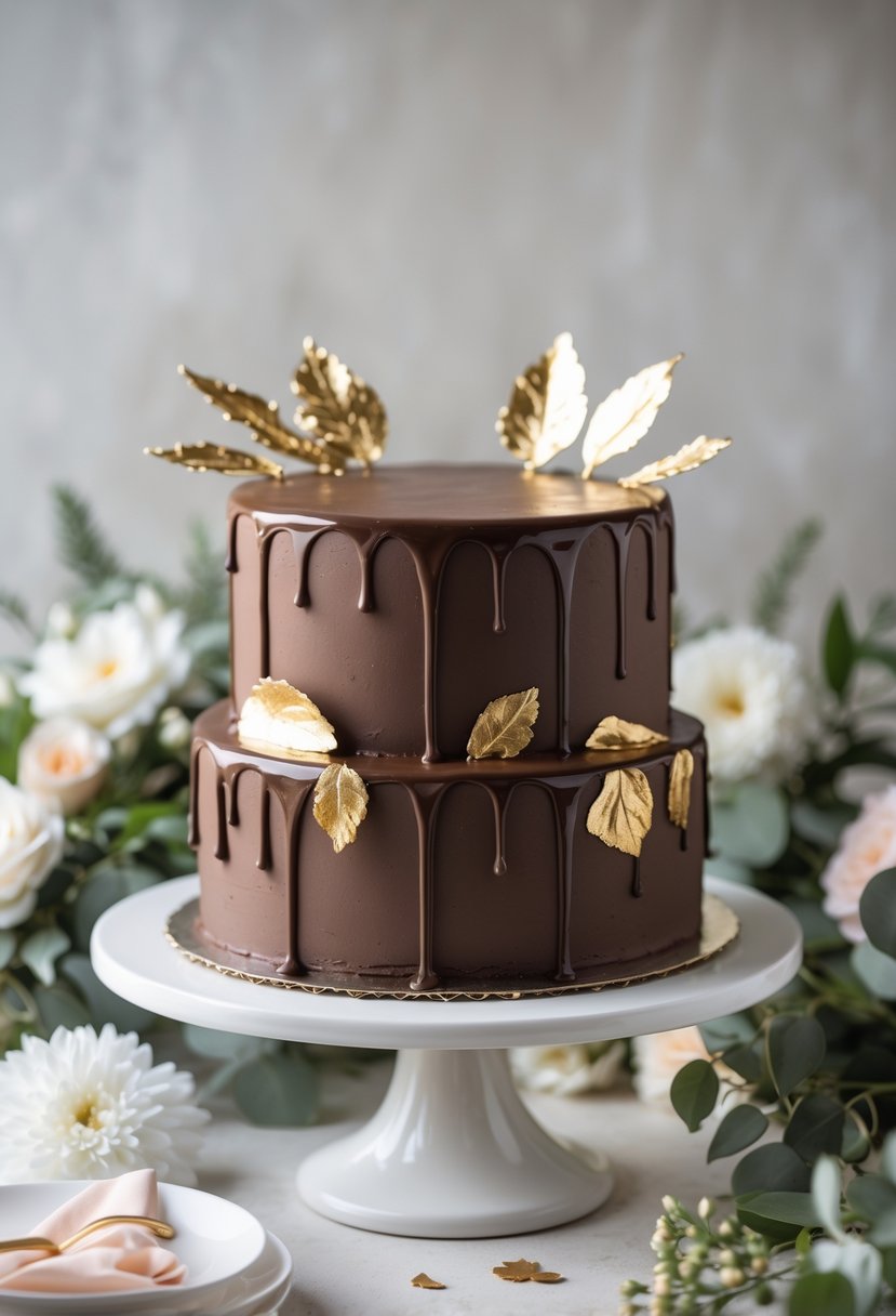 A chocolate ganache drip cake decorated with gold leaf on a white cake stand, surrounded by bridal shower decorations.