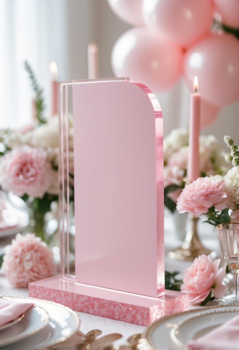 A pink acrylic sign displayed among pink and white flowers and balloons at a bridal shower table setting.