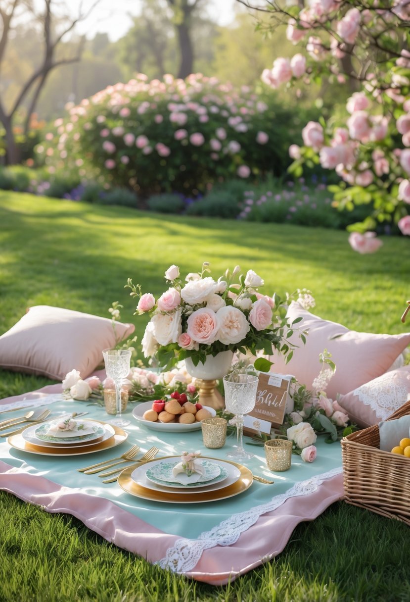 Outdoor picnic blanket on grass set up with flowers, tableware, cushions, and a picnic basket for a bridal shower celebration.