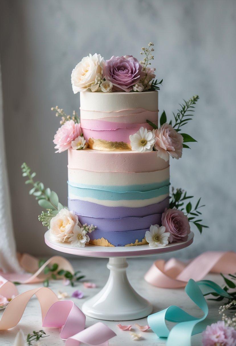 A watercolor ombre cake with soft pink, purple, and blue layers decorated with flowers on a white cake stand.
