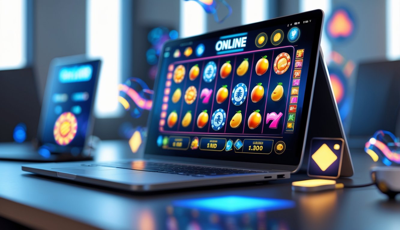 Seorang pengguna duduk di depan komputer dengan layar menampilkan permainan slot online yang berwarna-warni dan menarik.