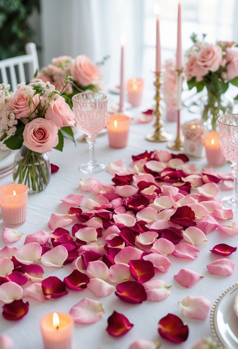 A table decorated with scattered rose petals, candles, glassware, and floral arrangements for a bridal shower.
