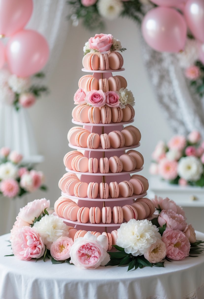 A multi-tiered tower of pink macarons on a white table with pink flowers and bridal shower decorations in the background.